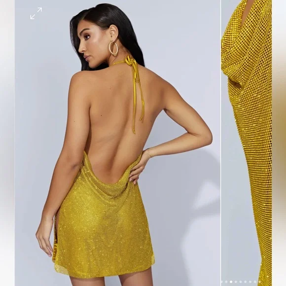 BRAND NEW WITH TAGS - MESHKI: Siya Halter Glomesh Mini Dress - Chartreuse - Picture 2 of 8